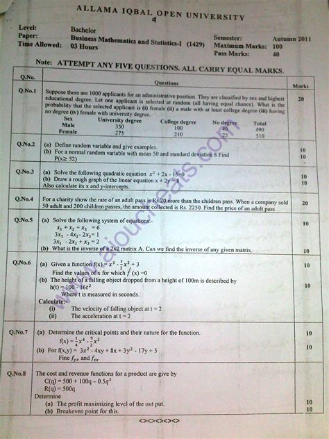 Past Papers Code No 1429 Business Mathematics Statistics