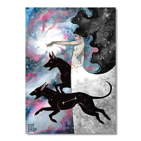 A Drawing Of Two Dogs And A Woman In The Sky With Stars On Her Back