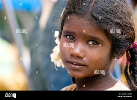 Young Poor Southern Indian Street Girl Looking At The Camera Stock