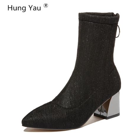 Hung Yau Shoes For Women Boots Ankle Boots Autumn Chunky Heel Leather Short Boots Black Shoes