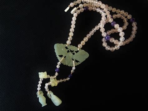 Vintage Chinese Jade Rose Quartz Amethyst Hand Carved Necklace From