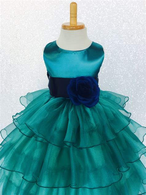 Organza Teal Ruffle Dress Navy Blue Satin Sash Flower Girl Etsy
