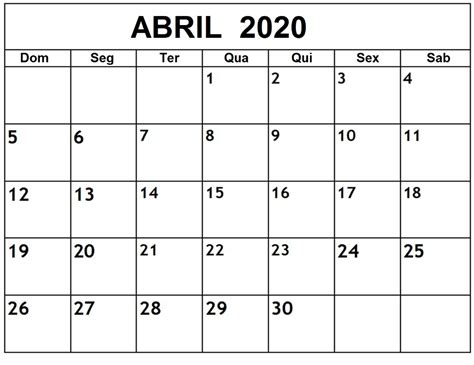 Calendário Abril 2020 Chile Para Imprimir Plantilla De