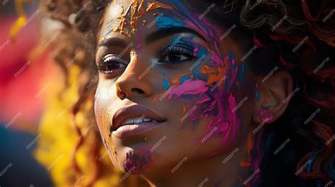 Premium Ai Image Brightly Colored Woman With Face Paint And Hair In A Colorful Photo Generative Ai
