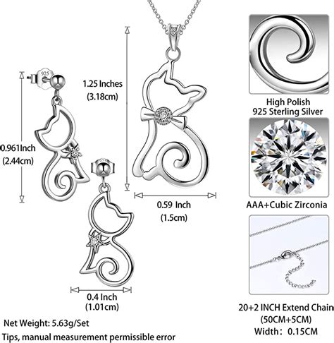 Cute Cat Jewelry Set 925 Sterling Silver Cat Pendant Necklace Drop
