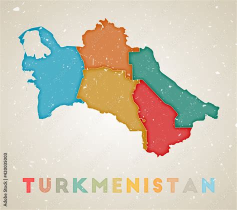 Turkmenistan Map Country Poster With Colored Regions Old Grunge