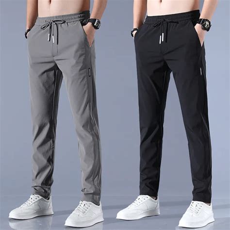 Mens Ice Silk Trousers Solid Color Mid Waist Loose Breathable Straight