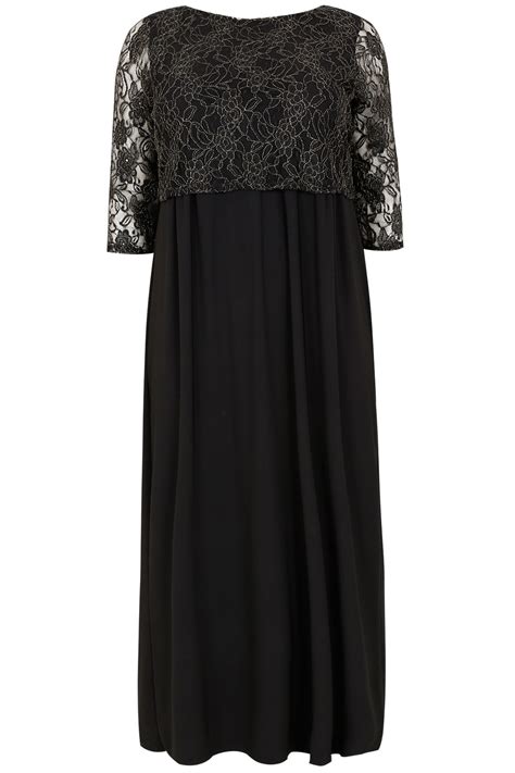 Black And Gold Maxi Lace Overlay Dress With Long Sleeves Plus Size 16 To 32