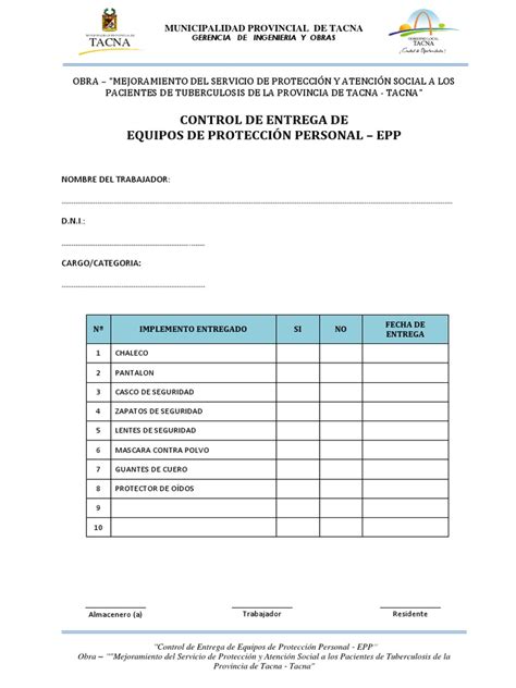 Formato De Control De Entrega De Equipos De Proteccion Personal Epp Pdf