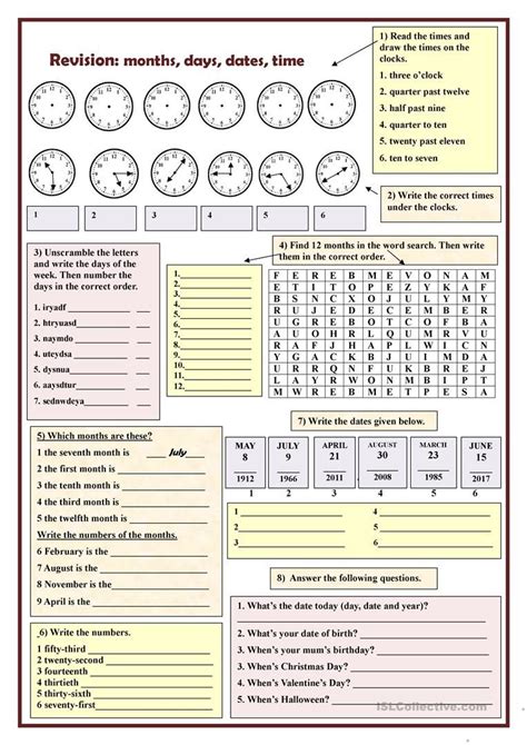 Revision Months Days Dates Time English ESL Worksheets For