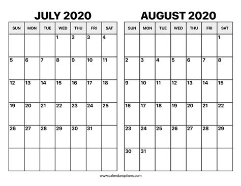 July And August 2020 Calendar Calendar Options