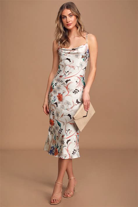 Cream Floral Print Dress Slip Midi Dress Satin Cowl Dress Lulus