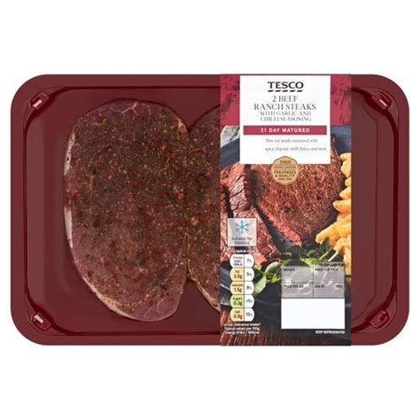 Tesco 2 Beef Ranch Steaks With Garlic And Chilli 250g Tesco Groceries