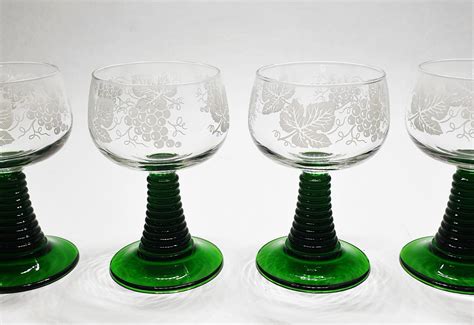 4 beautiful etched grand roemer wine glasses green ribbed crystal wine goblets french wine
