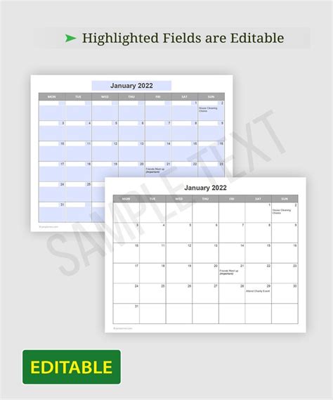 Editable Monthly Calendar Template Planner Printable