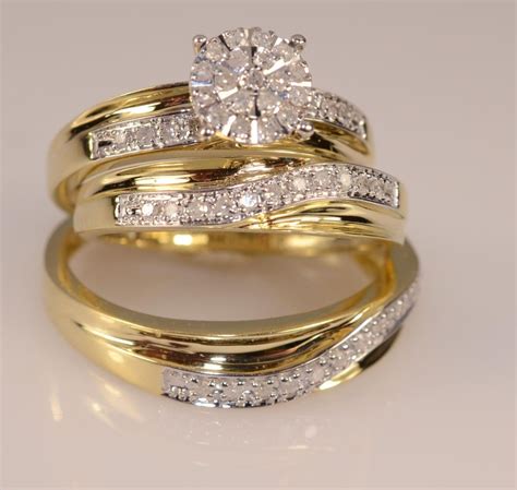 14k Yellow Gold Fn Trio Set His And Hers Diamond Engagement Bridal Wedding Ring Engagement