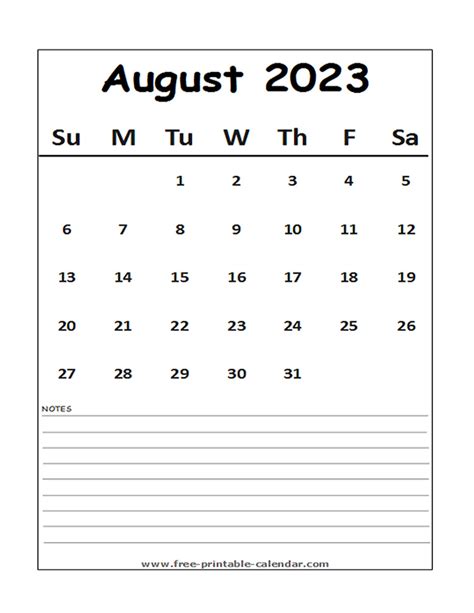 Calendar 2023 August Free Printable