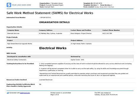 Safe Work Method Statement For Electrical Works Editable Template