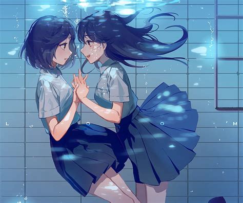 Hd Wallpaper Anime Anime Girls Underwater Dark Hair Holding Hands