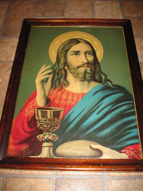 Antique Victorian Lithograph Christ Blessing Bread And Wine Circa 1900
