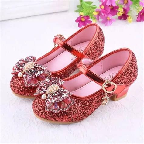 Red Glitter Low Heeled Toddler Girls Maryjane Shoes With Bow Princess