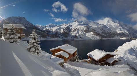 Wallpaper Snow Snowy Mountain Clouds Trees House Lake Village