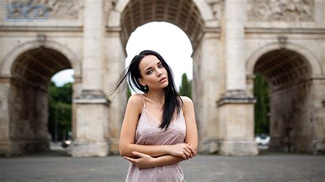 Girl Model Angelina Petrova Is Wearing Light Pink Color Dress Standing