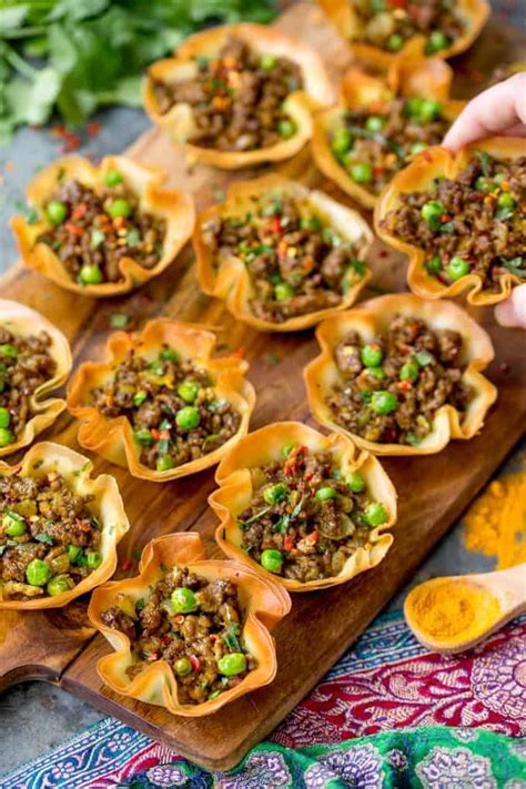 Top 30 popular indian vegetarian snacks recipes. Spicy Lamb Samosa Cups - a quick and easy appetiser for your party table! | Indian appetizers ...