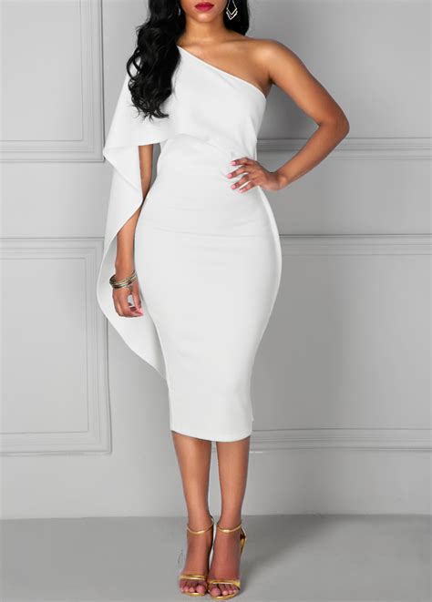 One Shoulder Overlay Knee Length White Dress Rotita Com USD 32 63