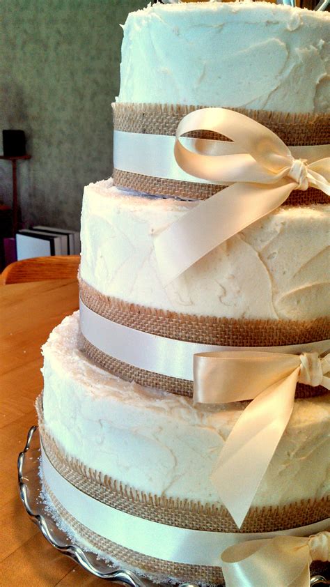 Rustic Style Wedding Cake With Burlap And Ivory Ribbon