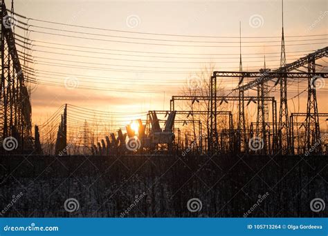 A Small Electrical Substation At Sunset Editorial Stock Image Image