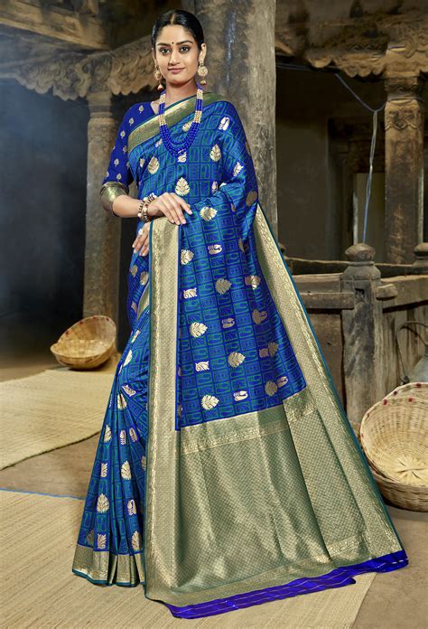 Blue Banarasi Silk Jacquard Woven Saree With Blouse Brithika Luxury Fashion