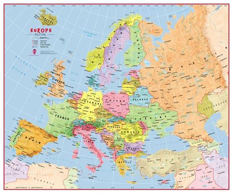 Large Primary Europe Wall Map Political Laminated
