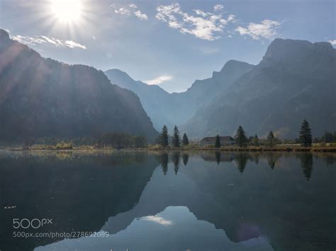 October Light Beautiful Almsee In Austria With The Silhouette Of The