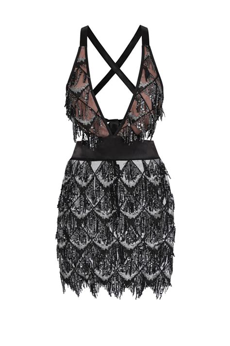 Holly Glam Black Ombre Sequin Tassel Fringe Sheer Dress Nazz Collection