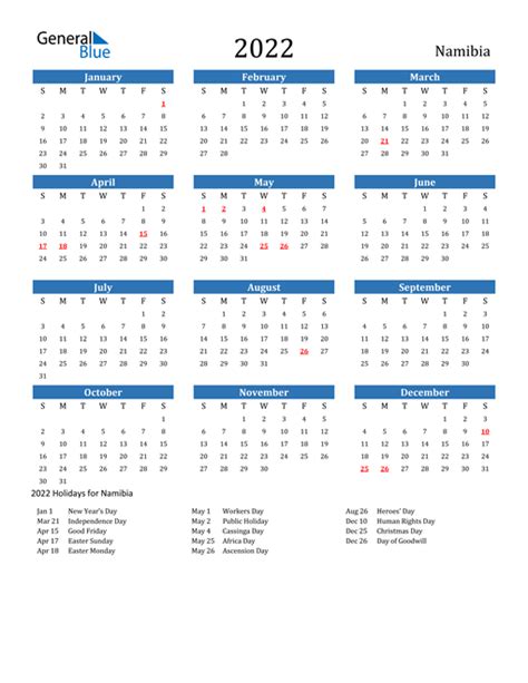 2022 Calendar Namibia With Holidays