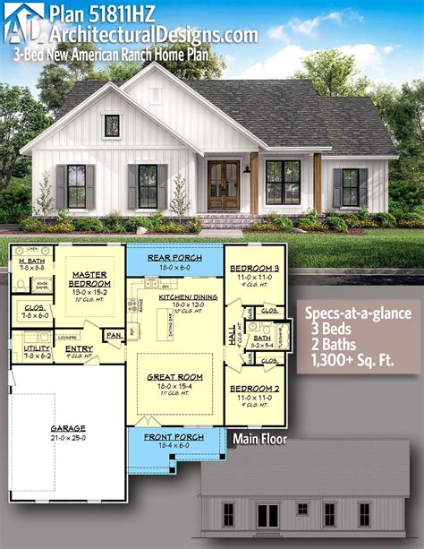 Plan 51811HZ: 3-Bed New American Ranch Home Plan | Ranch house plans
