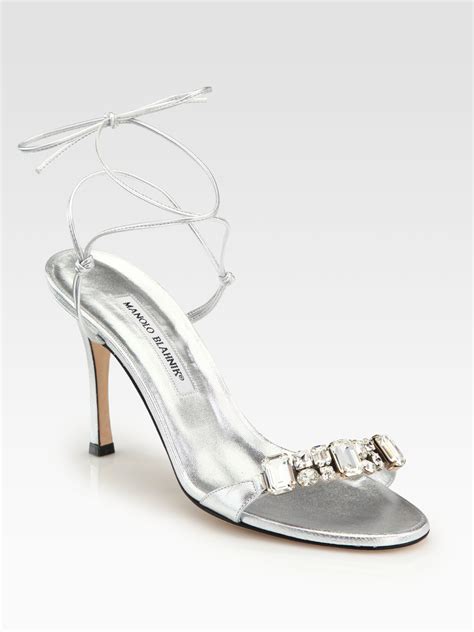 Manolo Blahnik Prisca Tieup Jeweled Metallic Leather Sandals In Silver Lyst