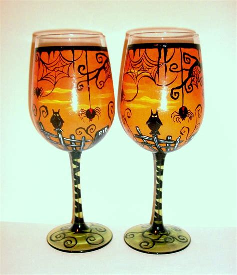Halloween Hand Painted Wine Glasses Haunted Cemetery Bats Moon Etsy