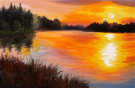 Oil Painting Lake In A Forest Sunset Abstract Painting Stock