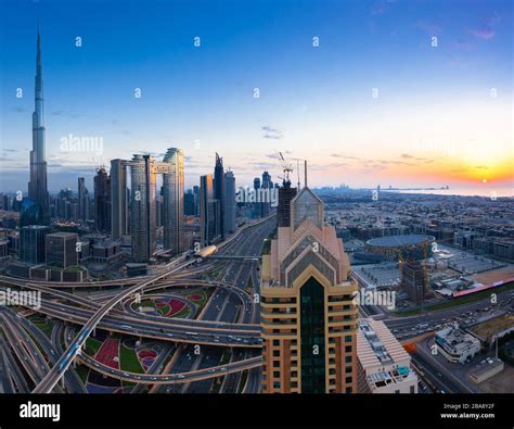 The View Of Dubai Skyline With Burj Khalifa Sheikh Zayed Road And