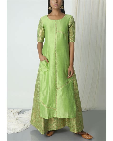 Chartreuse Green Brocade Chanderi Skirt Kurta Set By Truebrowns The