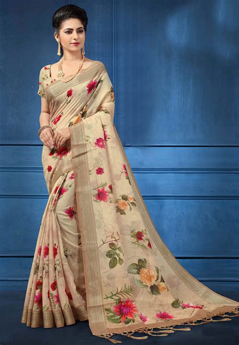 Digital Printed Linen Silk Saree In Beige Syc8410 Saree Designs