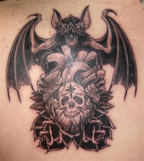 Bat Roses Skull Heart Tattoo Design