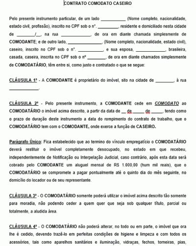 Referência para um Contrato de Comodato Casa Caseiro Modelo Gratuito