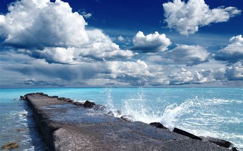 Nature Landscape Clouds Pier Rock Waves Water Sea Wallpapers Hd