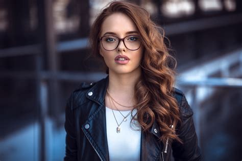 Wallpaper Face Leather Jackets Blue Eyes Portrait Necklace Women With Glasses Pink