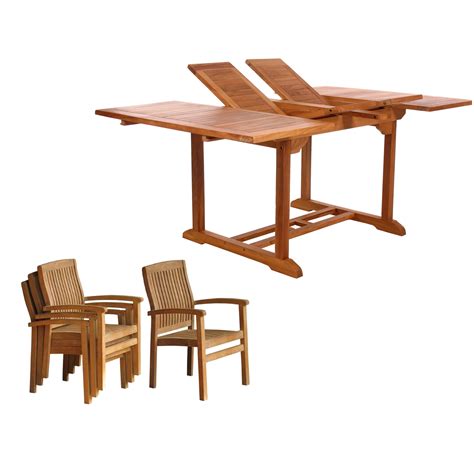 Calhoun dining side chairs in natural teak. Java Teak 5-Piece Extension Table & Stacking Chair Set