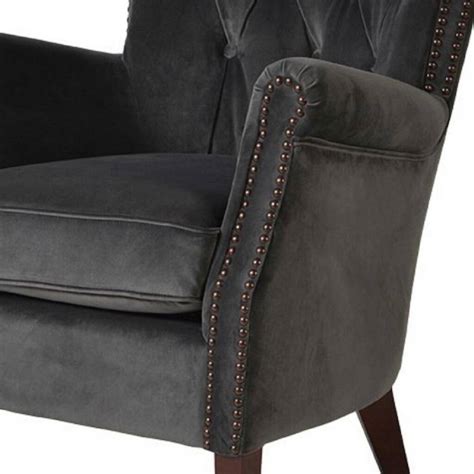 Espresso wood legs add a touch. Gun Metal Grey Velvet Studded Armchair By The Orchard ...