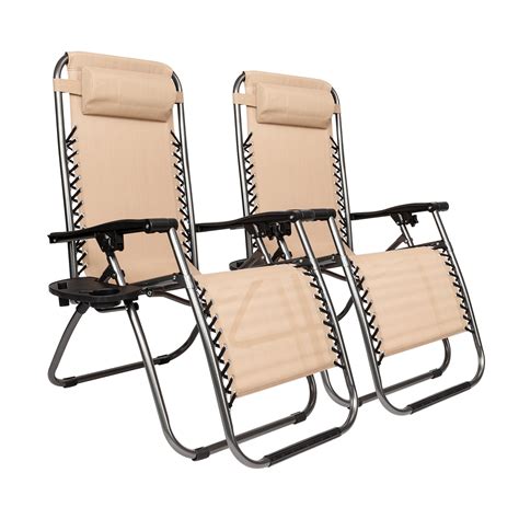 2pc Zero Gravity Lounge Chairs Patio Folding Recliner W Cup Holder Beige Camping And Hiking In2074608